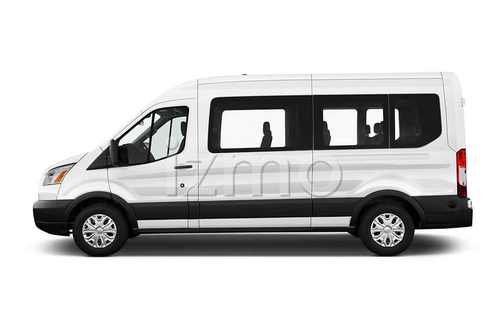 Car driver side profile view of a 2019 Ford Transit Wagon 350 XLT Wagon Med Roof Sliding Pass. 148 5 Door Passenger Van