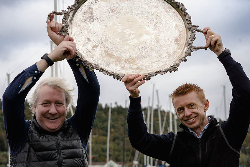 Ger Owens (right) and Ross Killian of Wicklow Sailing Club and National YC claimed first place at the Irish Dinghy Champions’ Cup in Crosshaven after four races in testing conditions.