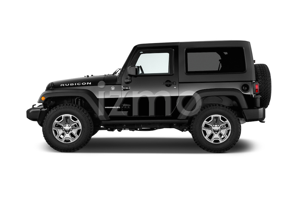 Car driver side profile view of a 2014 Jeep Wrangler Rubicon 5 Door SUV