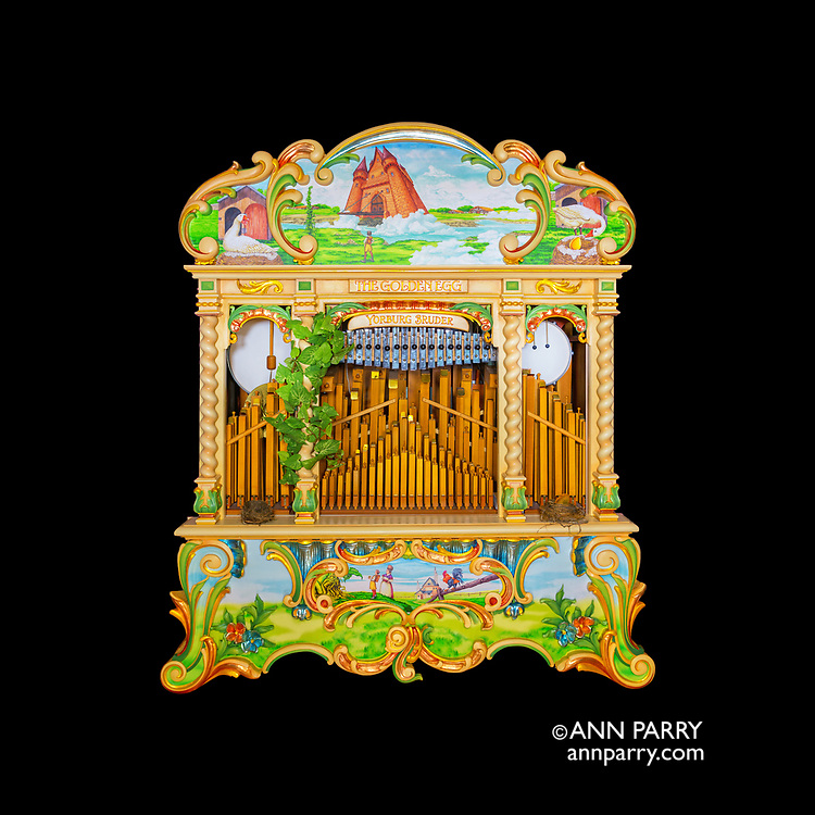 The Golden Egg 165 Carousel Organ, Yorburg Bruder: Jack and Beanstalk and the Goose that laid the golden egg illustrations on canvas by owner BOB STUHMER. Restoration carving by BOB YORBURG. Painted and gilded wood facade by PAM HESSEY. 2018