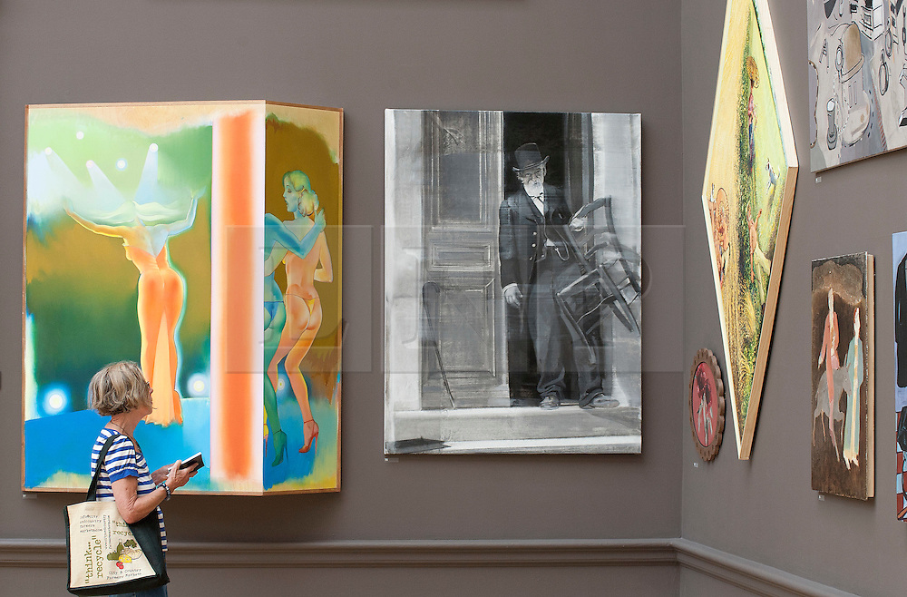 © licensed to London News Pictures. LONDON, UK 02/06/11. A visitor to the Royal Academy of the Arts Summer Exhibition looks at a piece of art. The Royal Academy of the Arts Summer Exhibition is the largest open contemporary art exhibition in the world, with pieces contributed by established, unknown and emerging artists. Please see special instructions for usage rates. Photo credit should read Matt Cetti-Roberts/LNP