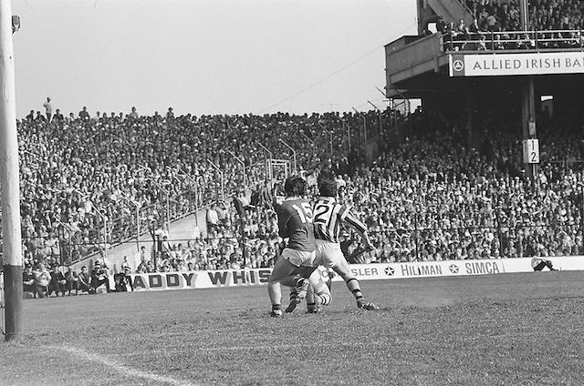 Cork and Kilkenny challenge each other and fall to the ground during at the All Ireland Senior Hurling Final, Cork v Kilkenny in Croke Park on the 3rd September 1972. Kilkenny 3-24, Cork 5-11.