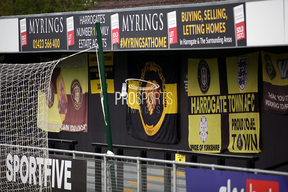 Harrogate Town flags and bunting behind the goal during the EFL Sky Bet League 2 match between Harrogate Town and Oldham Athletic at the EnviroVent Stadium, Harrogate, United Kingdom on 20 April 2021.