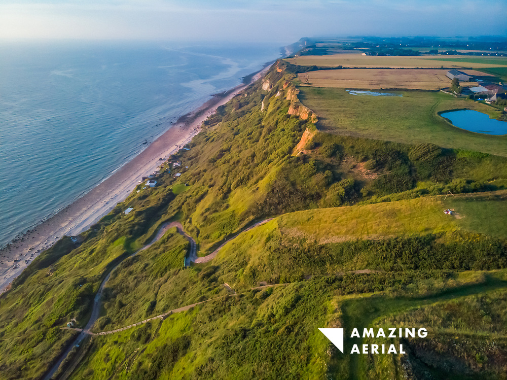 Aerial view of Octeville Coastline above old Nato Base, Normandy, France.