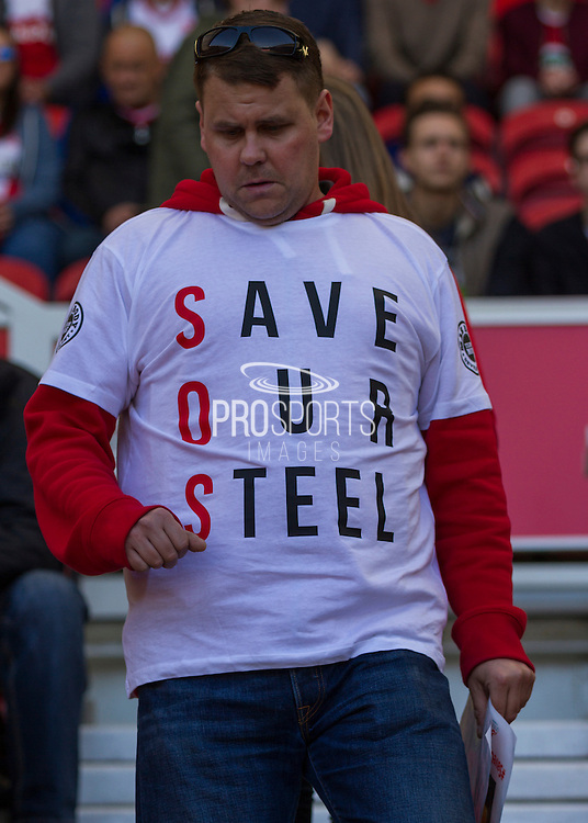 Fans show their protest aginst proposed Steelworks closure in Teeside during the Sky Bet Championship match between Middlesbrough and Leeds United at the Riverside Stadium, Middlesbrough, England on 27 September 2015. Photo by George Ledger.