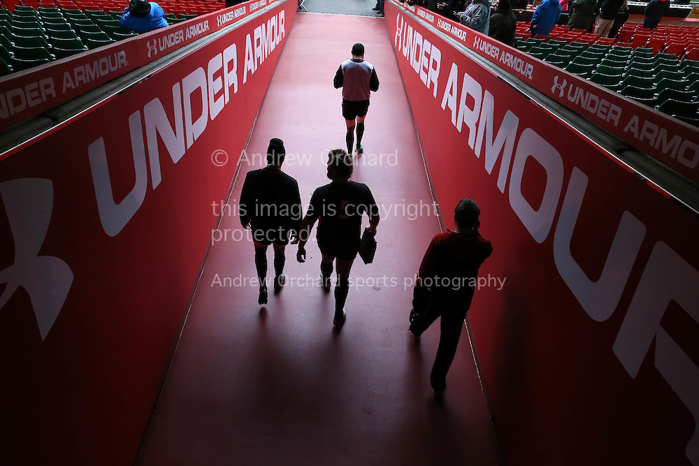 Wales players walk out of the tunnel for the Wales Rugby captains run, ahead of tomorrows RBS Six nations match against England. Principality Stadium, Cardiff, South Wales on Friday 10th Feb 2017. pic by Andrew Orchard, Andrew Orchard sports photography.