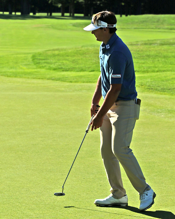 Hank Lebioda watches his birdie putt drop on the nineth green to move into a tie for first place after the end of round two first round of the Web.Com 2018 LeCom Health Challenge at the Peek n Peak upper course 7/5/18 photo by Mark L. Anderson