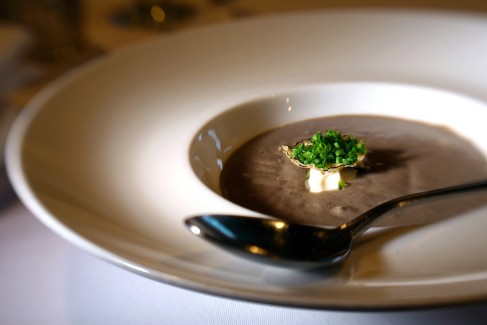 SHOT 12/21/2007 - Mizuna's Puree of Wild Mushroom soup with Creme Fraiche and Shaved Truffles ($9.00/bowl). Also includes images of Chef/Owner Frank Bonanno. Mizuna is located at 225 East 7th Avenue in Denver, Co. Bonanno is committed to using the freshest ingredients available and letting the food speak for itself. He is consistently ranked amongst the top chefs in Denver..(Photo by Marc Piscotty/ © 2007)