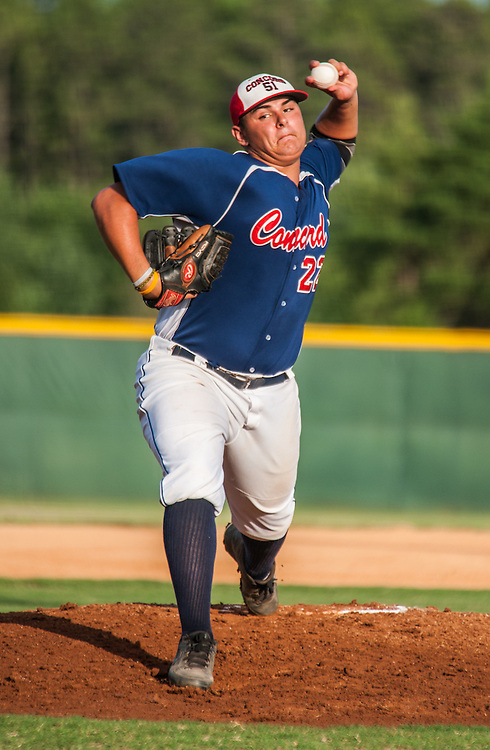 Concord Post 51's Tyler Thomas pitches against Rowan County Tuesday night at Central Cabarrus High School. Concord won the game 7-6 in the second game of a best-of-five game playoff series.
