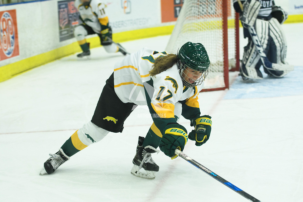 2nd year forward Lilla Carpenter-Boesch (17) of the Regina Cougars in action during the Women's Hockey home game on October 14 at Co-operators arena. Credit: Arthur Ward/Arthur Images