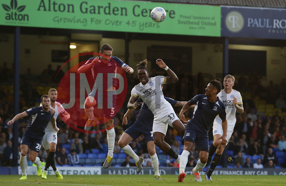 Ivan Toney of Peterborough United jumps for a header with Mark Milligan of Southend United - Mandatory by-line: Joe Dent/JMP - 20/08/2019 - FOOTBALL - Roots Hall - Southend-on-Sea, England - Southend United v Peterborough United - Sky Bet League One