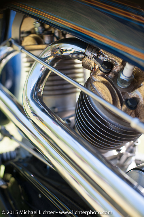 Invited builder Matt Olsen's "One of One" custom Harley on Friday - for the builder-invite bike check-in for the Born-Free 6 Vintage Chopper and Classic Motorcycle Show. Silverado, CA. USA. June 27, 2014. Photography ©2014 Michael Lichter.