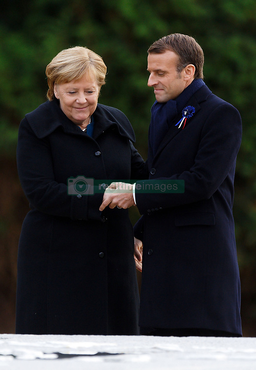 German Chancellor Angela Merkel (CDU) and French President Emmanuel Macron commemorate the end of the First World War 100 years ago in the clearing of Rethondes (the Glade of the Armistice) near the northern French town of Compiegne on November 10, 2018. The armistice was signed on 11 November 1918 in a converted dining car in the clearing. The memorial is located on this site. Photo by Sylvain Lefevre/ABACAPRESS.COM