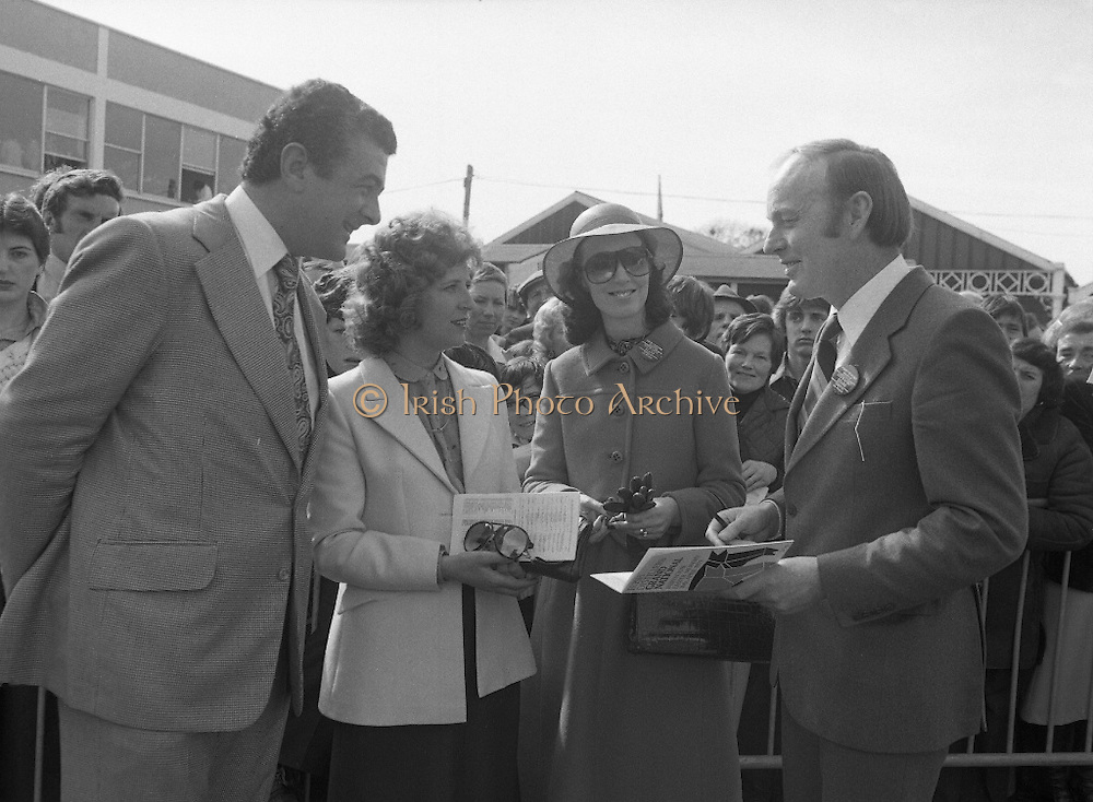 Irish Distillers Grand National at Fairyhouse. (M66)..1979..16.04.1979..04.16.1979..16th April 1979..The Irish Distillers Grand National was run today at Fairyhouse Racecourse, Co Meath.The race over 3.5miles is valued at £20,000. the winning trainer will also receive the Tom Dreaper,Perpetual Trophy which will be presented by Mrs Betty Dreaper..Image shows Mr Richard Burrows, M D Irish Distillers ltd, Mrs Burrows, Mrs O'Kennedy and Minister for Foreign Affairs, Mr Michael O'Kennedy having a day at the races in Fairyhouse, Co Meath.