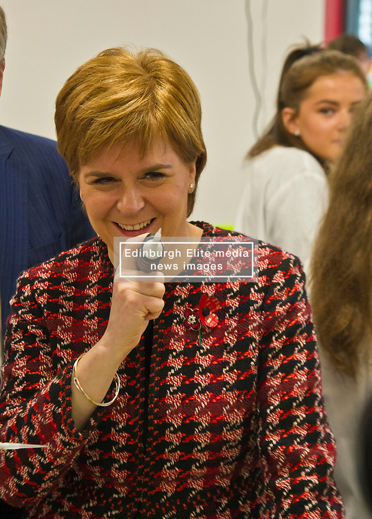 Pictured: Nicola Sturgeon<br />
The First Minister, Nicola Sturgeon visited the Roslin Institute's Easter Bush campus today to officially open the Innovation Centre and meet tenants who have already moved in. Ms Sturgeon met students from Mussbleburgh Grammer School who participate in the outreach programme run at the Institute.<br />
<br />
Ger Harley | EEm 5 November 2018