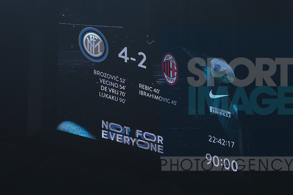 The final score shown on the giant screen following the Serie A match at Giuseppe Meazza, Milan. Picture date: 9th February 2020. Picture credit should read: Jonathan Moscrop/Sportimage