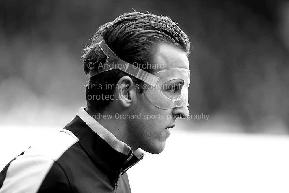 Harry Kane of Tottenham Hotspur wearing a clear protective face mask as he enters the pitch before k/o. note : image has been converted to black & white. Barclays Premier league match, Tottenham Hotspur v Swansea city at White Hart Lane in London on Sunday 28th February 2016.<br />
pic by John Patrick Fletcher, Andrew Orchard sports photography.