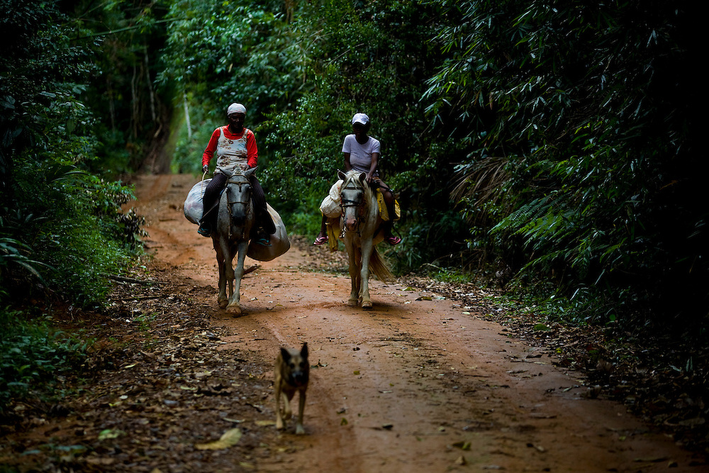 Conceicao do Castelo_ES, Brasil...Mae e filha montadas em burros em trecho da Rota Imperial...A mother and daughter riding a donkey on the Imperial Route...Foto: LEO DRUMOND / NITRO