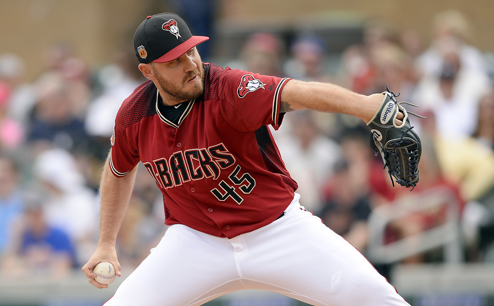 SCOTTSDALE, ARIZONA - MARCH 05: Kevin Jepsen #45 of the Arizona Diamondbacks pitches during the spring training game against the Chicago White Sox on March 5, 2017 at Salt River Fields at Talking Stick in Scottsdale, Arizona. (Photo by Ron Vesely) Subject: Kevin Jepsen
