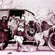 1929<br />
Fascination with motor cars spread as the years went by Sardar Enayatullah, son of Amir Habibullah, his wife and some of his daughters on a hunting trip in the Kohistan valley north of Kabul A bag of kolang (cranes).. KES Collection No. 1557