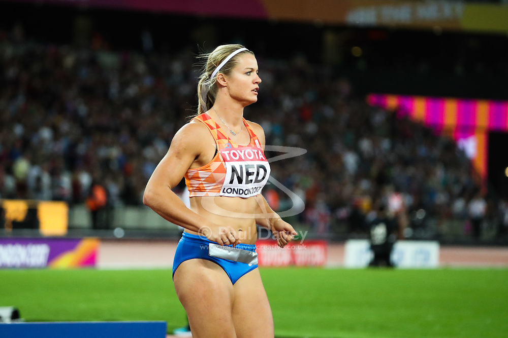 London, August 12 2017 . The Netherlands' Dafne Schippers ahead of the women’s 4x100m relay on day nine of the IAAF London 2017 world Championships at the London Stadium. © Paul Davey.