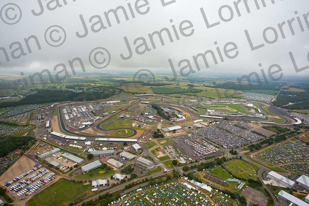 An aerial view of Silverstone Circuit on F1 race day 2019 from a helicopter above the Northamptonshire circuit.