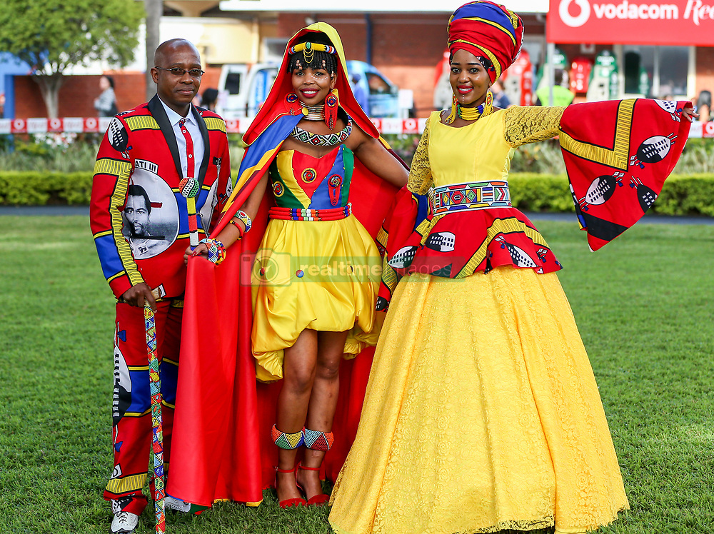 Durban. 070718. Fashion Theme for the 2018 Vodacom Durban July. - It Is Time - Every year a new theme is released to get the creative juices of the visitors and fashion desighners flowing. Picture Leon Lestrade. African News Agency/ANA. Musa Mathebula, Nozipho Zuma and Lindo Mathebula.