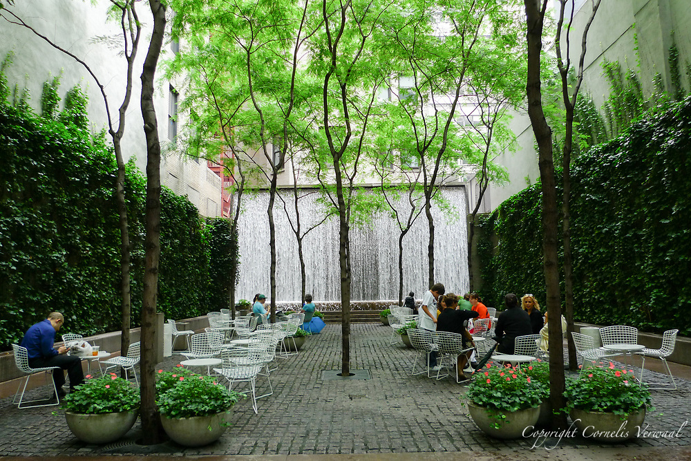 Paley Park, a pocket park located at 3 East 53rd Street in Midtown Manhattan on the former site of the Stork Club. Designed by the landscape architectural firm of Zion & Breen, it opened May 23, 1967.