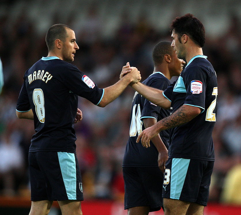 Burnley's Charlie Austin celebrates scoring his sides second goal with Dean Marney ..Football - Football - Capital One Cup First Round - Port Vale v Burnley - Tuesday 14th August 2012 - Vale Park - Burslem. .