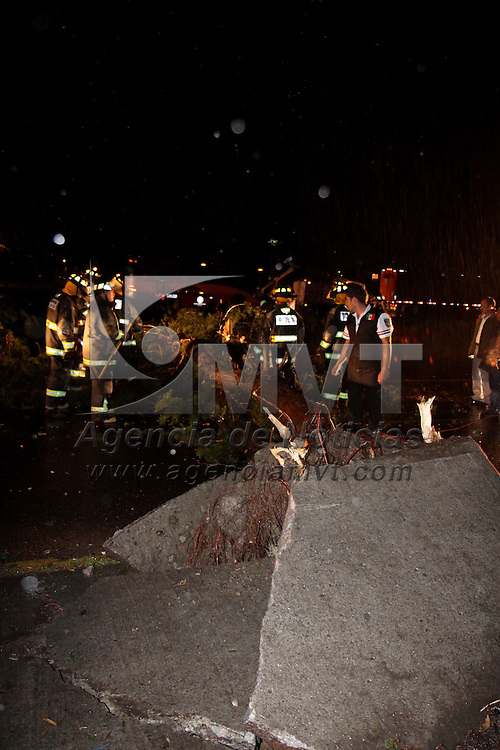 Toluca, Mex.- Por mas de 3 horas permaneció cerrado el carril lateral de la carretera Toluca-Palmillas, en donde los fuertes vientos derribaron 8 árboles y 4 postes de teléfonos, bomberos de Toluca acudieron al lugar para despejar el camino, con hachas y moto cierras lograron retirar los arboles del camino. Agencia MVT / Crisanta Espinosa. (DIGITAL)<br />
<br />
NO ARCHIVAR - NO ARCHIVE
