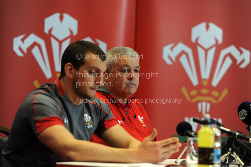 Wales capt Sam Warburton (l) and head coach Warren Gatland speak at the Wales rugby PC at the team hotel in Hensol, near Cardiff, South Wales on Wed 19th Feb 2014.<br />
pic by Andrew Orchard, Andrew Orchard sports photography.