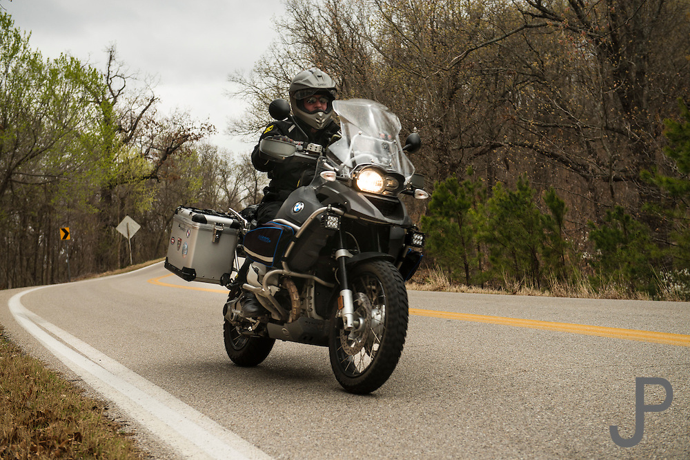 Bill Dragoo carving corners on his 2011 BMW R1200 GS Adventure on Oklahoma State Highway 20 north of Spavinaw.