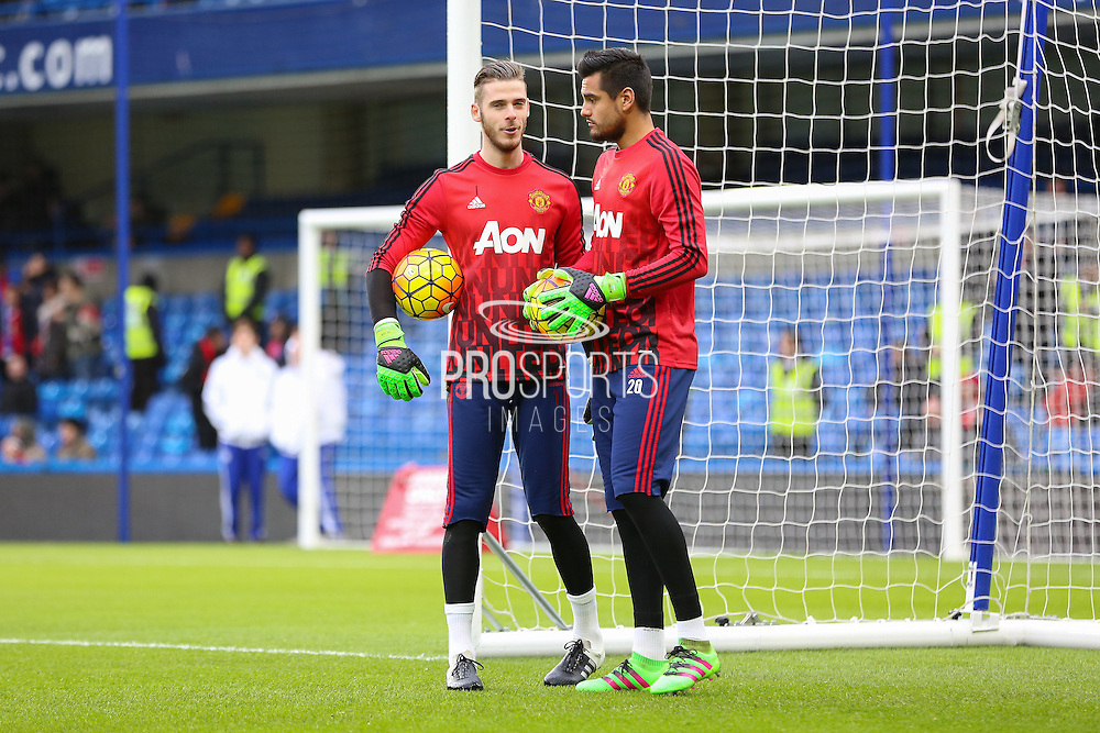 David De Gea of Manchester United and Sergio Romero Goalkeeper of Manchester United in the warm up during the Barclays Premier League match between Chelsea and Manchester United at Stamford Bridge, London, England on 7 February 2016. Photo by Phil Duncan.