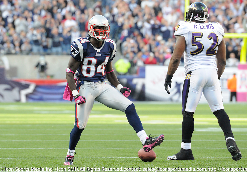 17 October 2010: Patriot wide receiver Deion Branch celebrates and taunts Ravens linebacker Ray Lewis after a successful catch and run during the New England Patriots game against the Baltimore Ravens at Gillette Stadium in Foxborough, Massachusetts. Patriots win 23-20 in overtime.