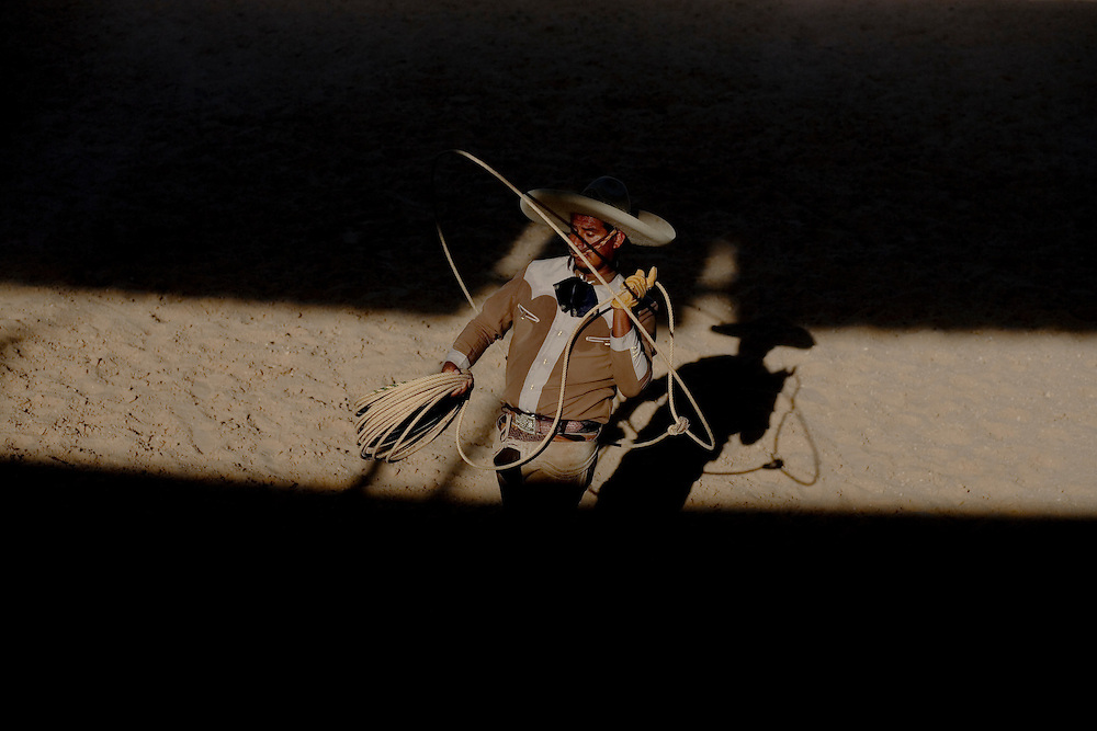 Charros earn extra points for their team in the Mangana a Pie by their extravagant roping techniques and flourishes, called florins. Style only gets you so much however, if you don't rope the wild mare charging towards you.