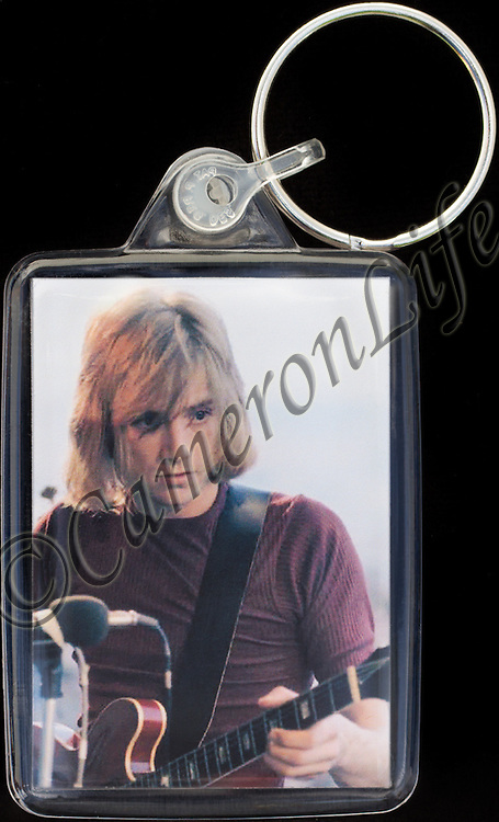 Justin Hayward - Key Fob with image approx. 35mm x 50mm from 1970 Isle of Wight Music Festival exhibition on the front. The reverse has an exclusive CameronLife 1970 IW festival design