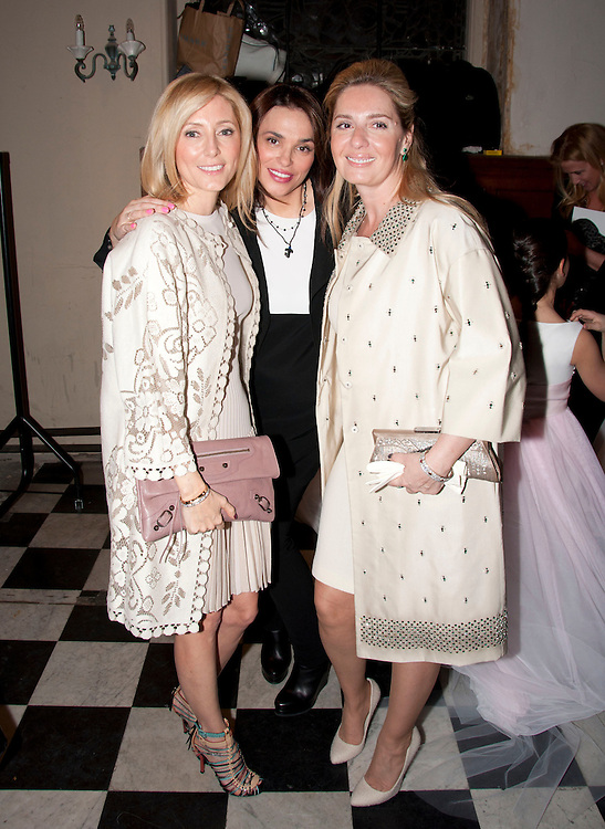 Crown Princess Marie Chantal of Greece, designer Celia Kritharioti and Editor of Vogue Greece Elena Makris pose backstage at the Celia Kritharioti Spring/Summer 2012 fashion show at One Mayfair, London, England. 20/03/2012 Ian Scanlon/Catchlight Media..