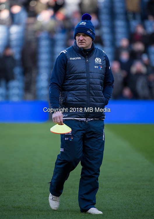 EDINBURGH, SCOTLAND - FEBRUARY 11: A pensive Scotland Coach, Gregor Townsend during the NatWest Six Nations match between Scotland and France at Murrayfield on February 11, 2018 in Edinburgh, Scotland. (Photo by MB Media/Getty Images)