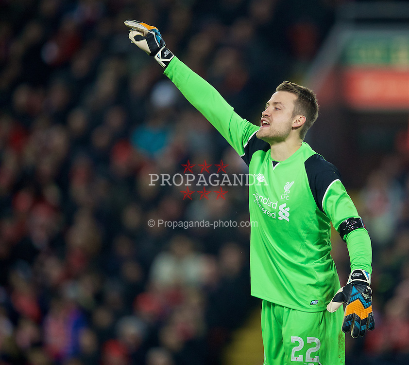LIVERPOOL, ENGLAND - Tuesday, November 29, 2016: Liverpool's goalkeeper Simon Mignolet in action against Leeds United during the Football League Cup Quarter-Final match at Anfield. (Pic by David Rawcliffe/Propaganda)
