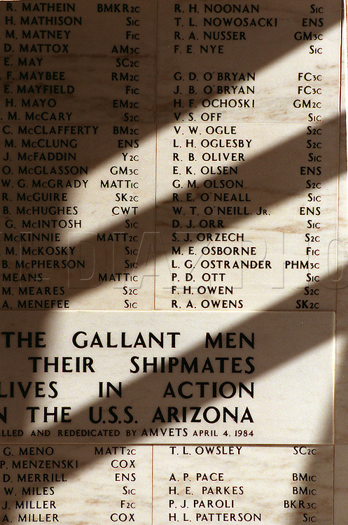 In Memory: Marble wall in Arizona Memorial's Shrine Room lists the crewmen killed on Dec. 7th 1941.
