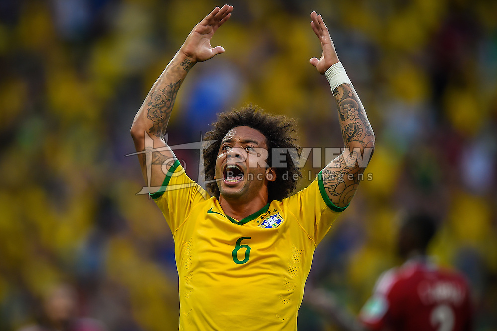 Marcelo na partida entre Brasil x Colombia, válida pelas quartas de final da Copa do Mundo 2014, no Estádio Castelão, em Fortaleza-CE. FOTO: Jefferson Bernardes/ Agência Preview