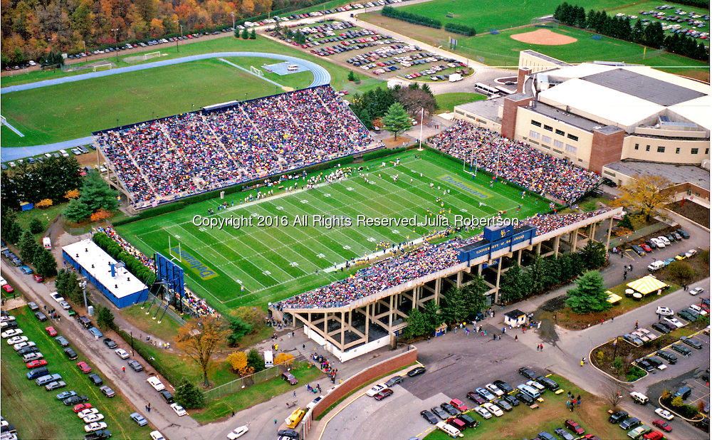 Aerial Photograph of the University of Delaware Blue Hen stadium during live game. Carpenter Center, track and field