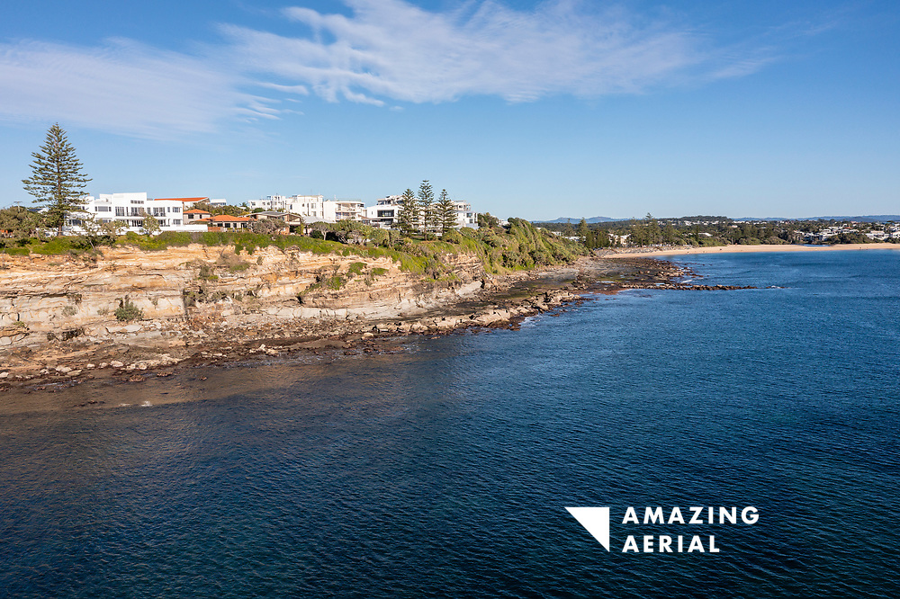 Aerial view of beautiful Moffat Head and Moffat Beach without people, Caloundra, Sunshine Coast, Queensland, Australia.