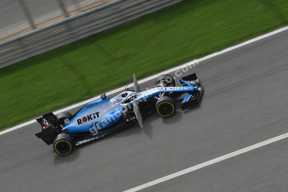 Nicolas Latifi (Williams-Mercedes) with aerodynamic measurement equipment during F1 test at the Bahrain International Circuit in April 2019. Photo: Grand Prix Photo