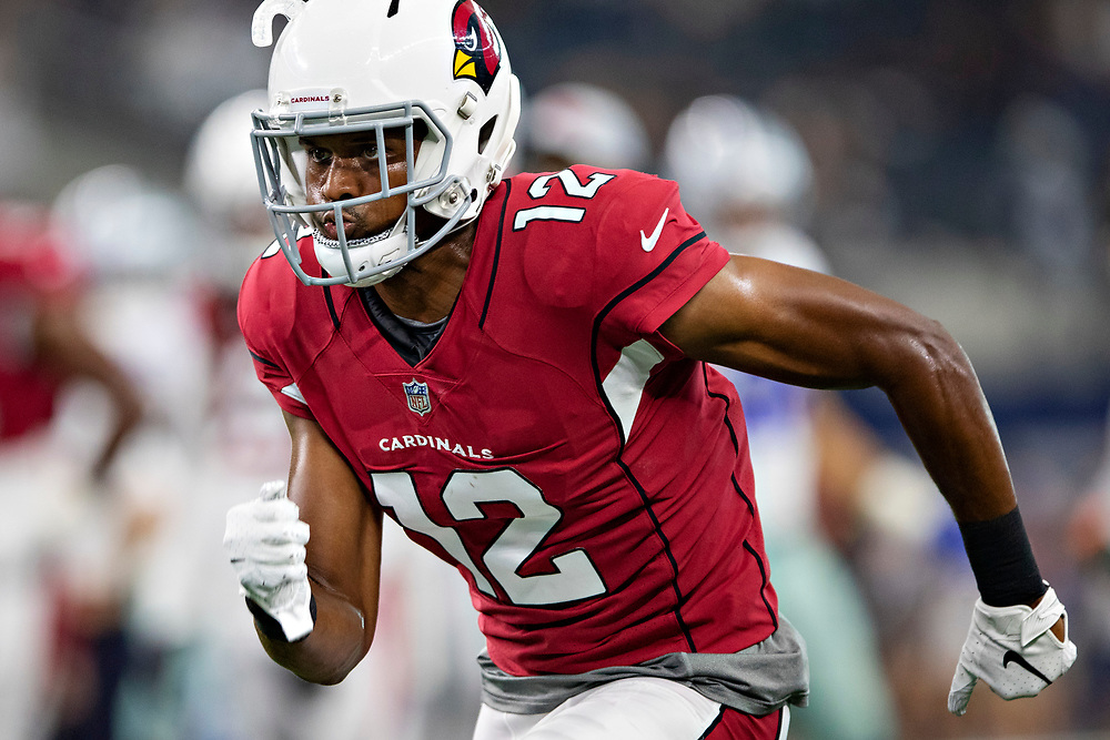 ARLINGTON, TX - AUGUST 26: Brice Butler #12 of the Arizona Cardinals warms up before a game against the Dallas Cowboys at AT&T Stadium during week 3 of the preseason on August 26, 2018 in Arlington, Texas. The Cardinals defeated the Cowboys 27-3. (Photo by Wesley Hitt/Getty Images) *** Local Caption *** Brice Butler