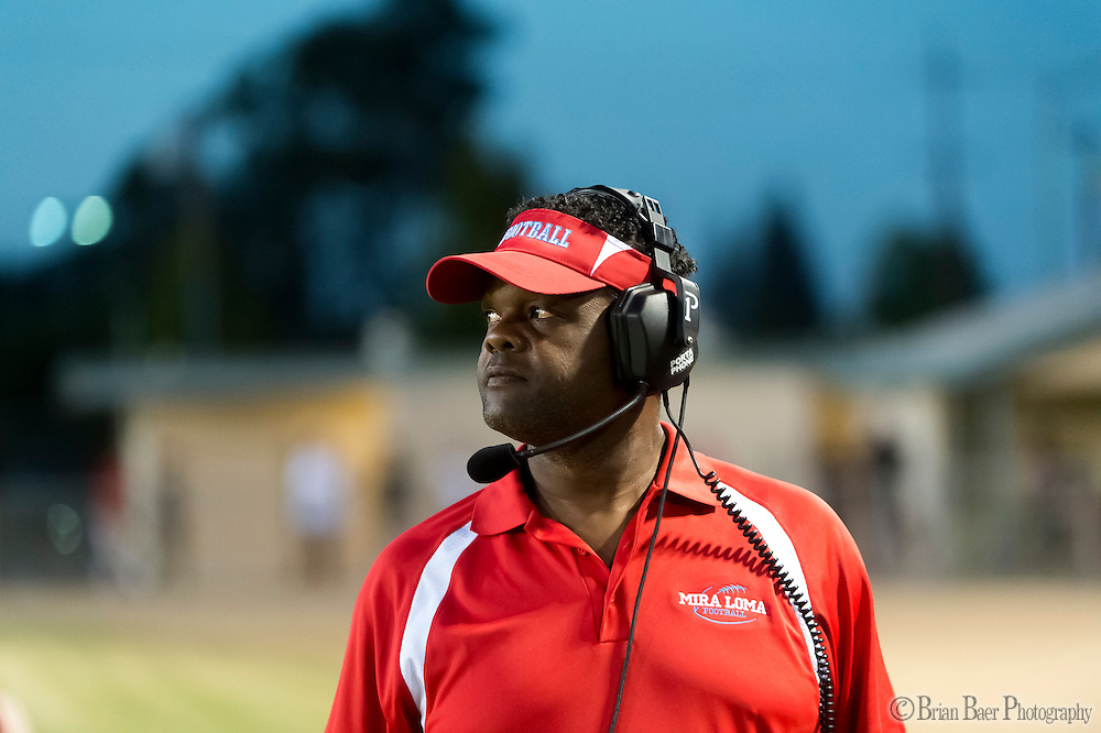 Mira Loma Matadors head coach Tooby Thurman looks on during the second quarter as the San Juan Spartans host the Mira Loma Matadors, Friday Sep 16, 2016.<br />
photo by Brian Baer