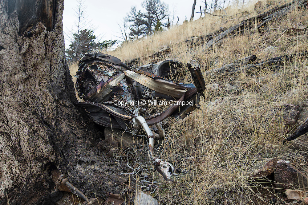 The remains of a SAC B-47 bomber that crashed at the 8,300 foot level of Emigrant Peak near Livingston, MT on the night of July 23, 1962. A piece of th aircraft is still embedded in a standing tree. The B47 was on a nighttime cold war training flight from Dyess Air Force base in Texas. Four airman lost their lives in the crash.