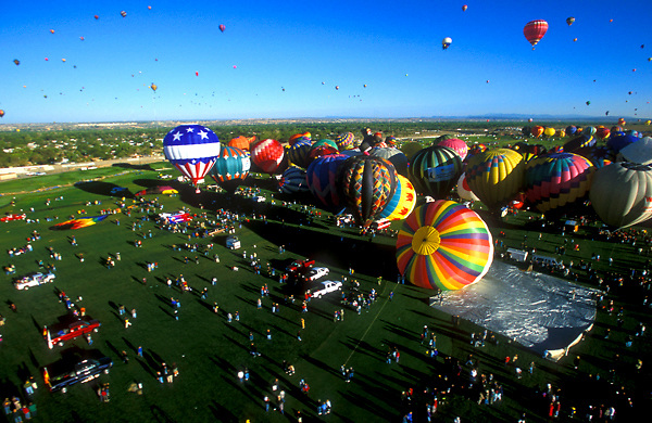 Stock photo of an aerial view of hot air balloons at the Albuquerque International Balloon Fiesta