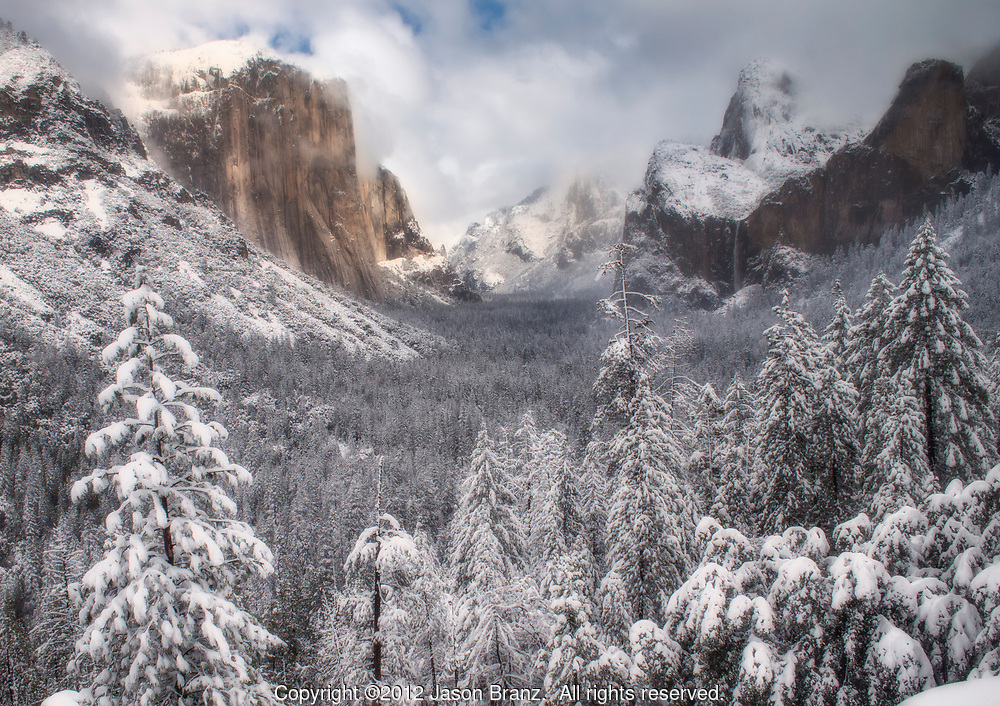 Yosemite Valley from Tunnel View after a spring snow, Yosemite National Park, California.
