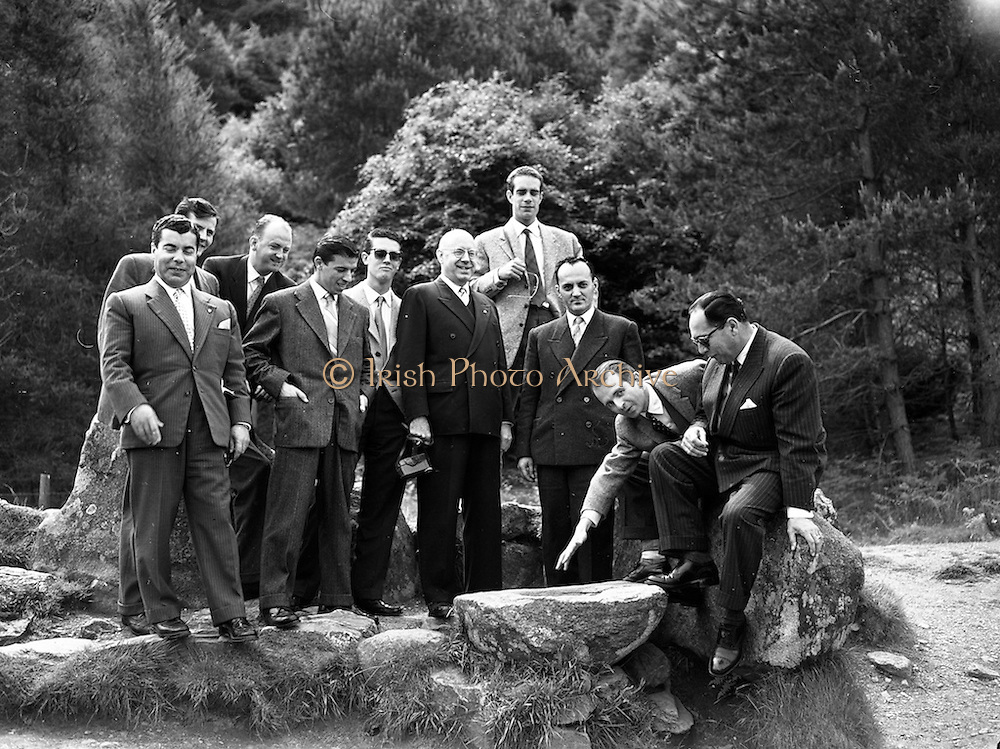 05/06/1959<br />
06/05/1959<br />
05 June 1959<br />
Portuguese Travel Agents and Journalists on tour of Wicklow. The group that travelled on the Inaugural Aer Lingus Lisbon-Dublin Flight on Wed. 04/06/1959 pictured at Glendalough. Included are (l-r): Fernando Herdade; Iain Mac Carthaig, Irish Tourist Board; Tommy Cranitch, Aer Lingus; Celestino de Matos Domingues; Fernando Leonel Cardoso Gomes Coelho; Mr. Harting; Antoni Jose de Almeida; Valente Sousa Pinheiro; Arthur Goncalves and Antonio Netto.